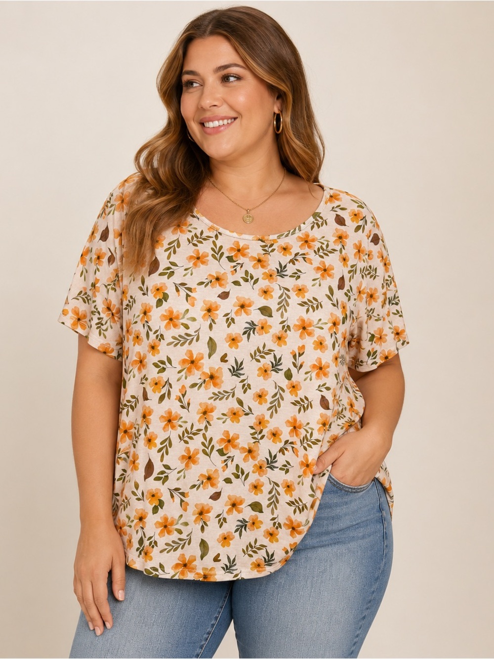 Women’s Floral Short Sleeve Top 3X Boho Casual Cottagecore Neutral Oatmeal NWOT